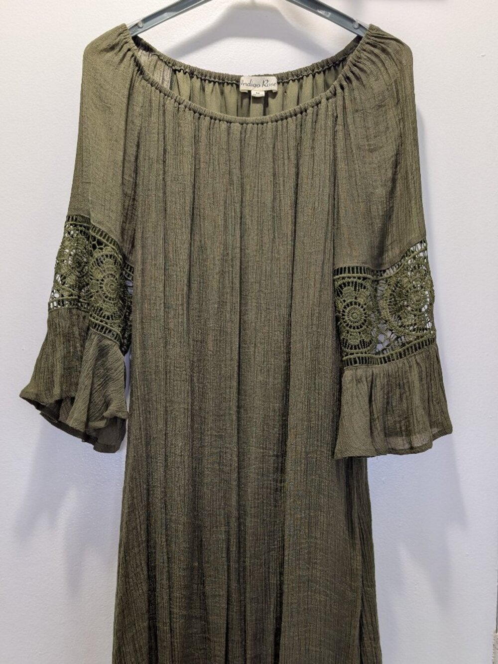 Indigo Rose Bohemian Style Olive Green Tunic Dress with Crochet Lace Sleeves